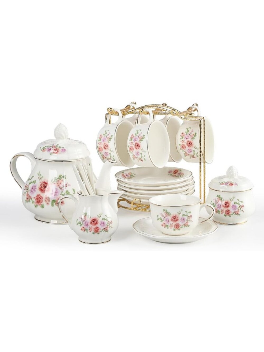 Floral Tea Set for 6 - 23 Pcs Porcelain Cup & Saucer, Teapot, Sugar Bowl, Gold